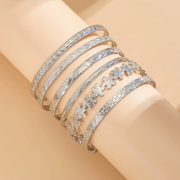 Metal Personality Plants And Flowers Carved Pattern Stacked Bracelet With Electroplating