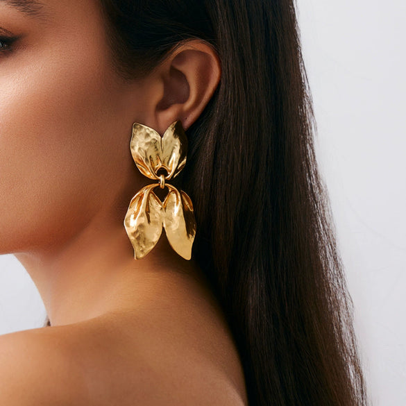 Metal Pleated Leaf Geometric Electroplated Earrings For Women