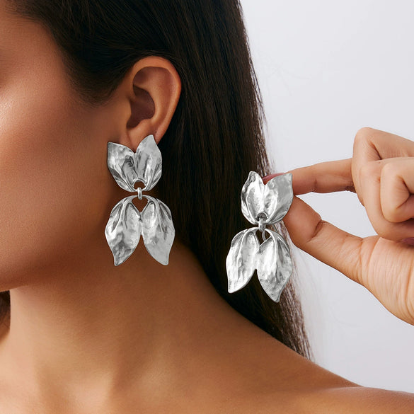 Metal Pleated Leaf Geometric Electroplated Earrings For Women