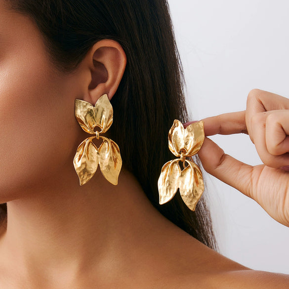 Metal Pleated Leaf Geometric Electroplated Earrings For Women