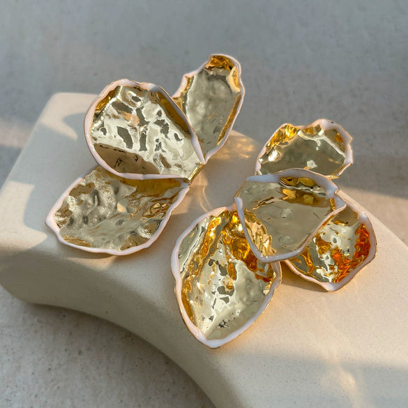 Metal Pleated Petal Flower Exaggerated Stereo Earrings For Women Electroplated