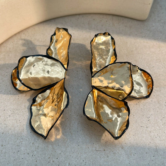 Metal Pleated Petal Flower Exaggerated Stereo Earrings For Women Electroplated