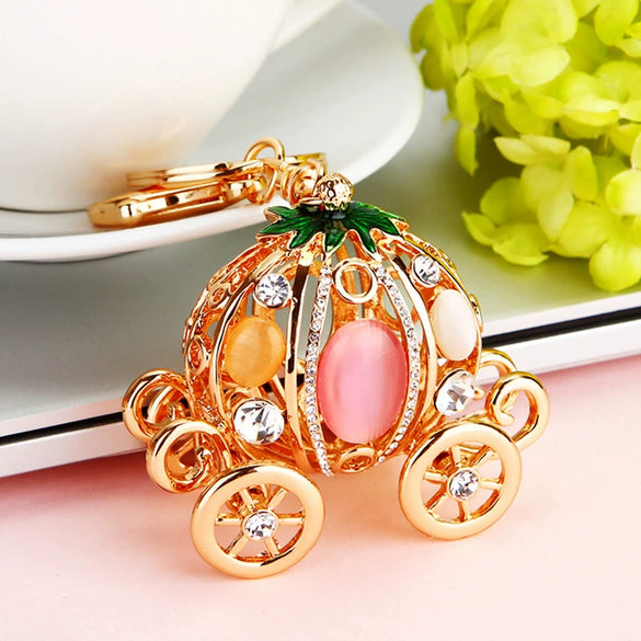 Metal Resin Keychain Diamondencrusted Princess Pumpkin Car Shape Cute Creative Pendant For Women