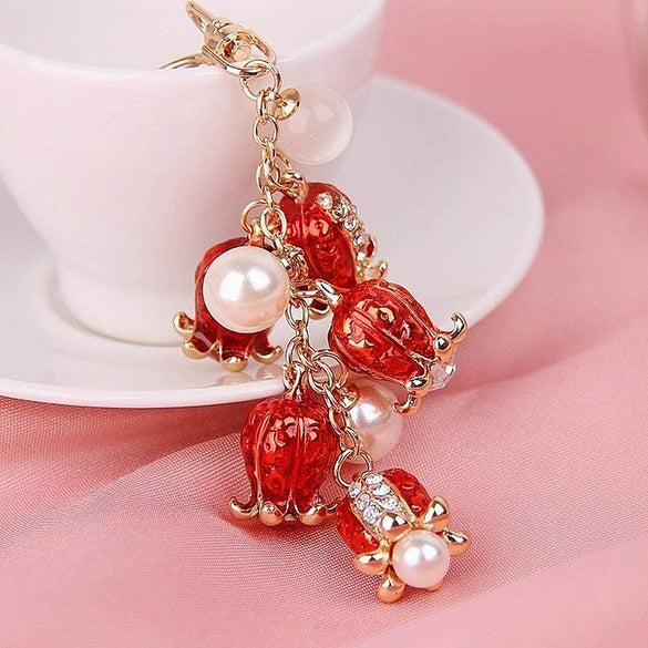 Metal Rhinestone Pearl Pomegranate Flower Keychain Light Luxury Style For Female