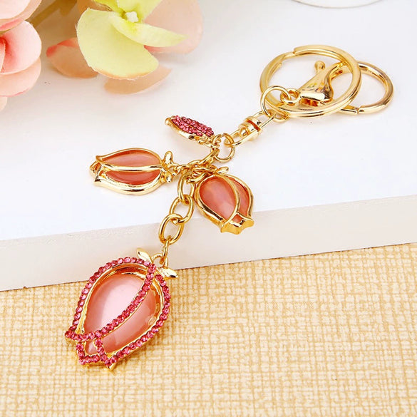 Metal Rhinestone Tulip Women's Keychain Plush Ball Bag Pendant
