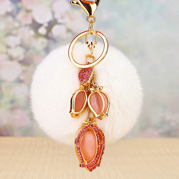 Metal Rhinestone Tulip Women's Keychain Plush Ball Bag Pendant