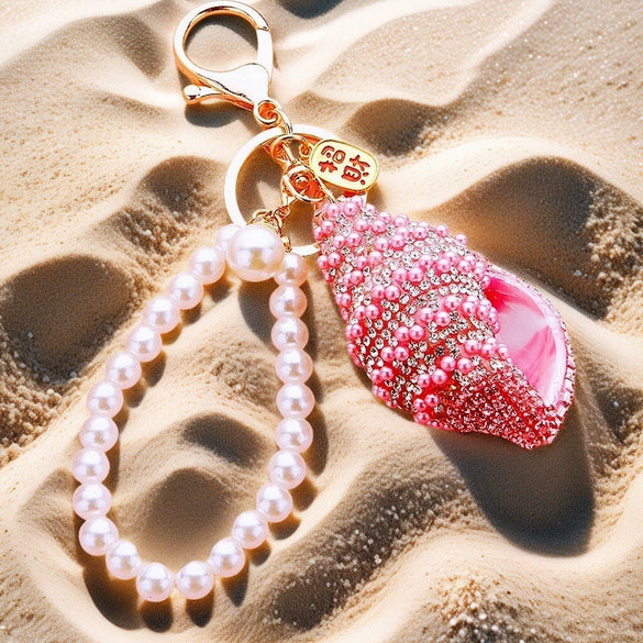 Metal Shell Pearl Conch Car Keychain With Diamond Encrustment For Men And Women As Bag Pendant And Gift