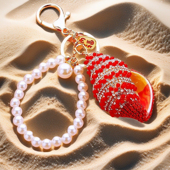 Metal Shell Pearl Conch Car Keychain With Diamond Encrustment For Men And Women As Bag Pendant And Gift