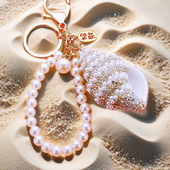 Metal Shell Pearl Conch Car Keychain With Diamond Encrustment For Men And Women As Bag Pendant And Gift