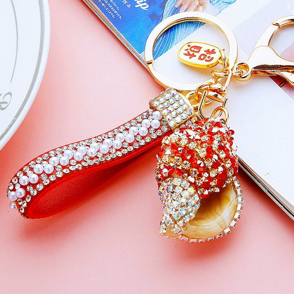 Metal Shell Pearl Conch Car Keychain With Diamond Encrustment For Men And Women As Bag Pendant And Gift