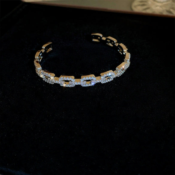 Metal Square Geometric Diamondencrusted Zircon Open Bracelet