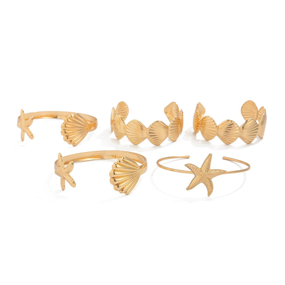 Metal Starfish Scallop Geometric Open Bracelet Set For Women With Electroplating