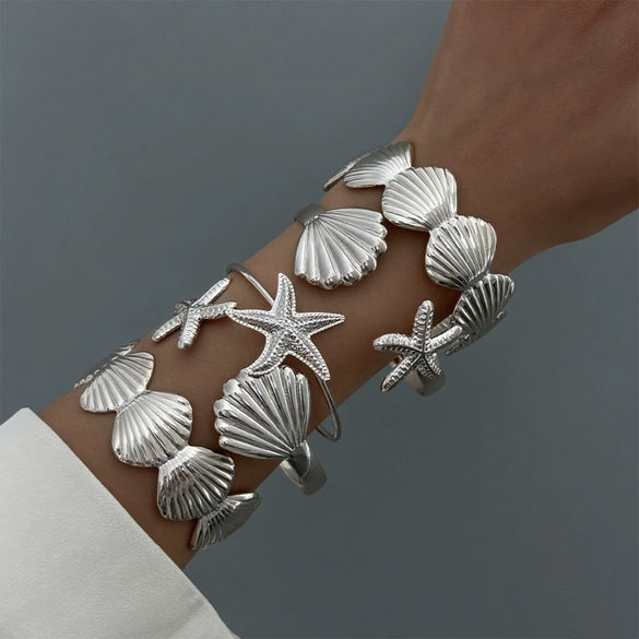 Metal Starfish Scallop Geometric Open Bracelet Set For Women With Electroplating