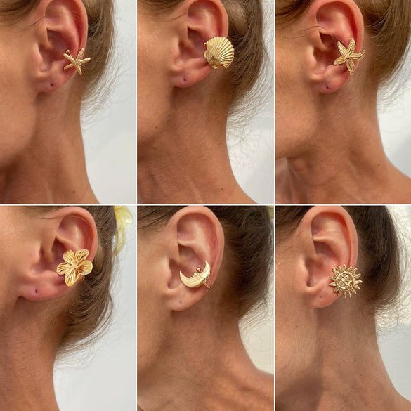 Metal Starfish Shell Cshaped Ear Clip And Flower Moon Earrings With Electroplating Star And Flower Pattern For Women