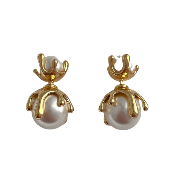 Metal Stud Earrings Copper S925 Silver Needle Pearl Inlaid Geometric Style For Women