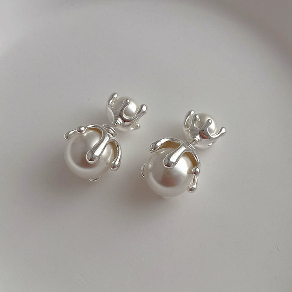 Metal Stud Earrings Copper S925 Silver Needle Pearl Inlaid Geometric Style For Women
