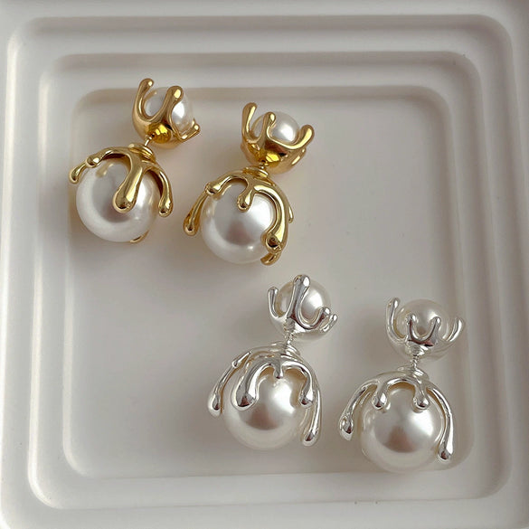 Metal Stud Earrings Copper S925 Silver Needle Pearl Inlaid Geometric Style For Women