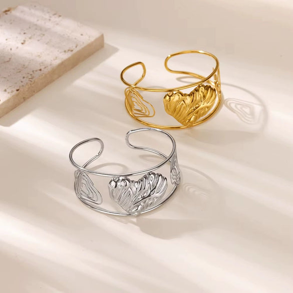 Metal Style Flowers Leaves Petals Open Circle Stainless Steel Gold Platinum Electroplated Bracelet For Women