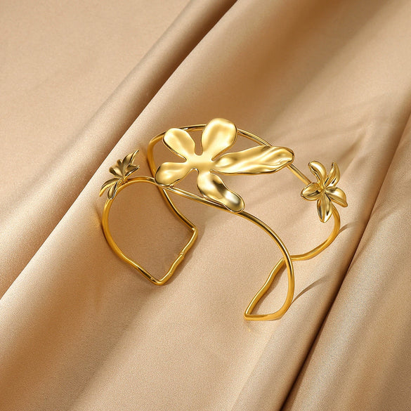 Metal Style Flowers Leaves Petals Open Circle Stainless Steel Gold Platinum Electroplated Bracelet For Women