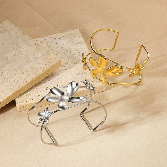 Metal Style Flowers Leaves Petals Open Circle Stainless Steel Gold Platinum Electroplated Bracelet For Women