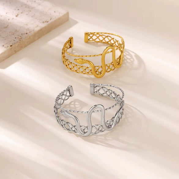 Metal Style Flowers Leaves Petals Open Circle Stainless Steel Gold Platinum Electroplated Bracelet For Women