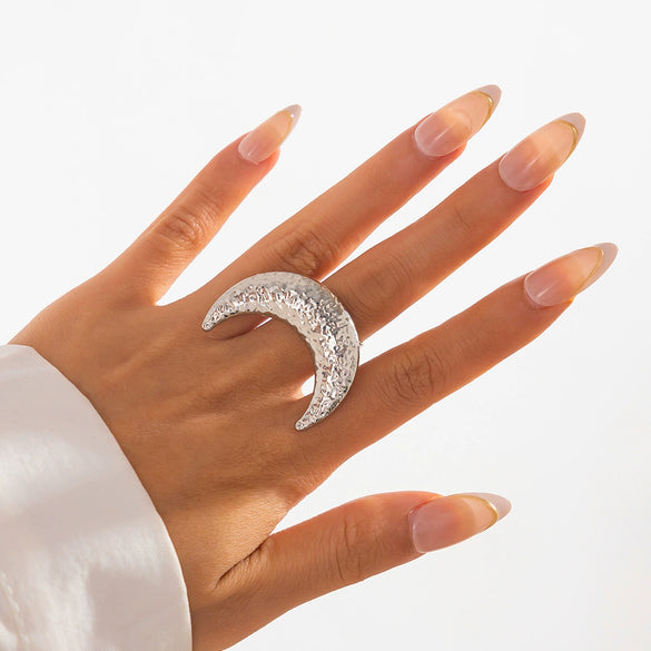 Metal Sunflower Leaf Moon Imitation Pearl Ring Geometric Flower Style Electroplated For Women