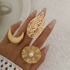 Metal Sunflower Leaf Moon Imitation Pearl Ring Geometric Flower Style Electroplated For Women