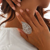 Metal Sunflower Leaf Moon Imitation Pearl Ring Geometric Flower Style Electroplated For Women