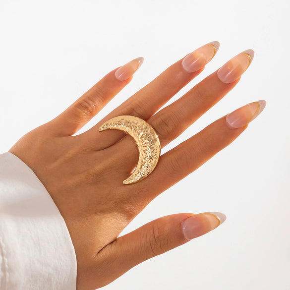 Metal Sunflower Leaf Moon Imitation Pearl Ring Geometric Flower Style Electroplated For Women