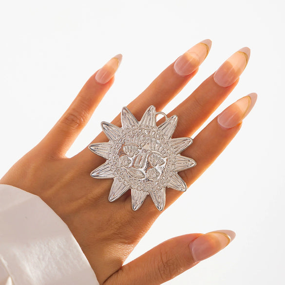 Metal Sunflower Leaf Moon Imitation Pearl Ring Geometric Flower Style Electroplated For Women