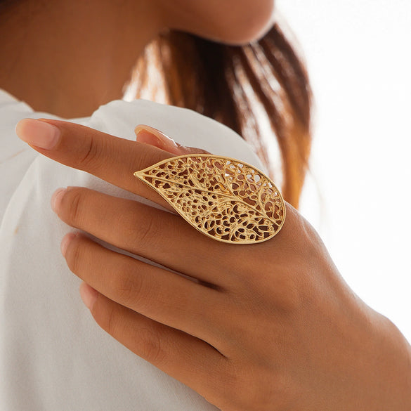 Metal Sunflower Leaf Moon Imitation Pearl Ring Geometric Flower Style Electroplated For Women