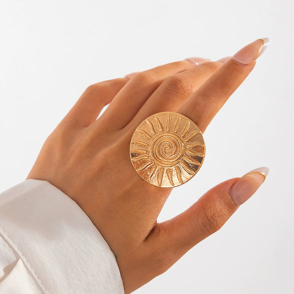 Metal Sunflower Leaf Moon Imitation Pearl Ring Geometric Flower Style Electroplated For Women