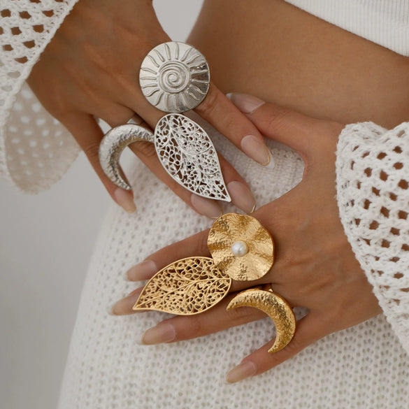 Metal Sunflower Leaf Moon Imitation Pearl Ring Geometric Flower Style Electroplated For Women