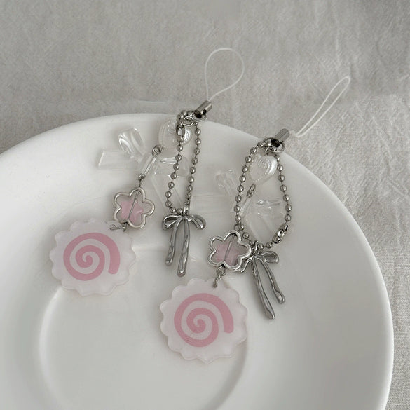 Metal Sweet Bow Strawberry Lollipop Star Keychain Mobile Phone Chain With Plants Flowers Pattern And Electroplating Processing