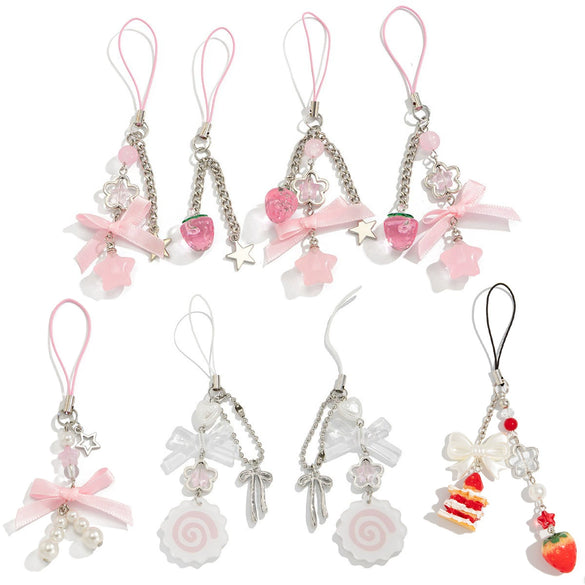 Metal Sweet Bow Strawberry Lollipop Star Keychain Mobile Phone Chain With Plants Flowers Pattern And Electroplating Processing