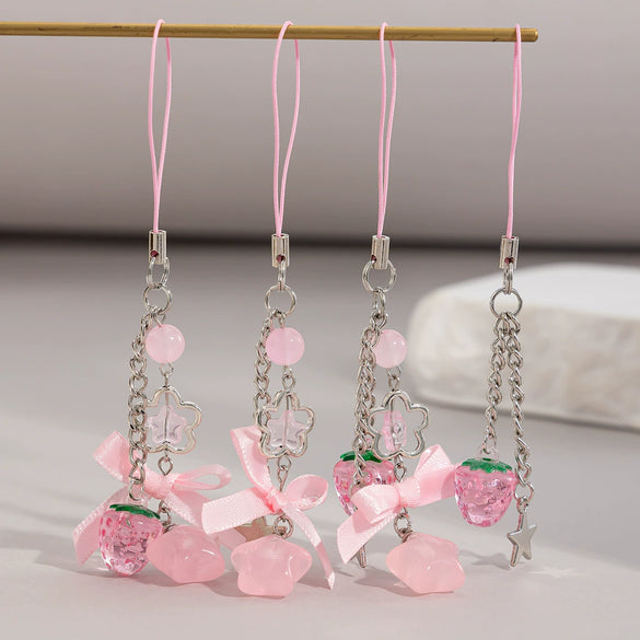 Metal Sweet Bow Strawberry Lollipop Star Keychain Mobile Phone Chain With Plants Flowers Pattern And Electroplating Processing
