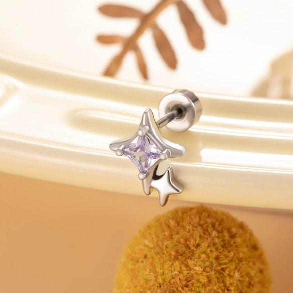 Metal Titanium Steel Double Head Screw Ear Bone Nail Star Earrings With Zirconia For Women