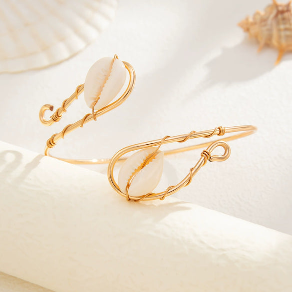 Metal Wire Winding Open Arm Bracelet With Shell Element Electroplated Personality Style