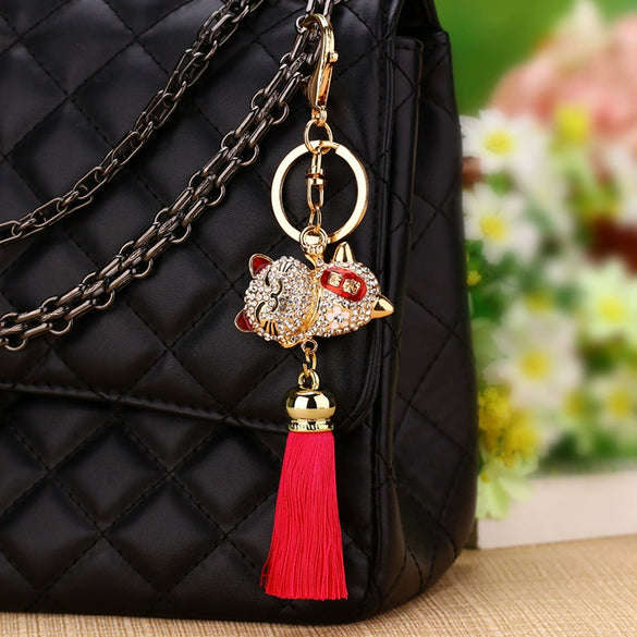 Metal Women's Cute Creative Bell Lucky Cat Car Keychain Bag Pendant