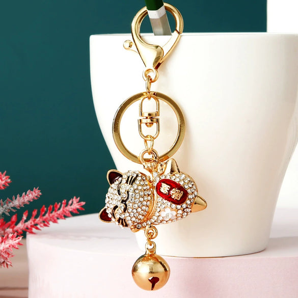 Metal Women's Cute Creative Bell Lucky Cat Car Keychain Bag Pendant