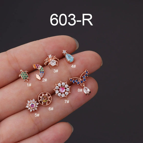Metal Zircon Geometric Style Stainless Steel Screw Ball Ear Nail Piercing Earrings For Women With Electroplating