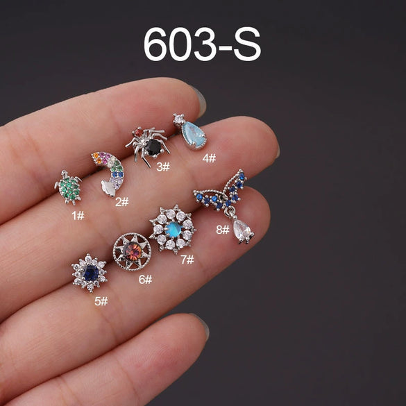 Metal Zircon Geometric Style Stainless Steel Screw Ball Ear Nail Piercing Earrings For Women With Electroplating