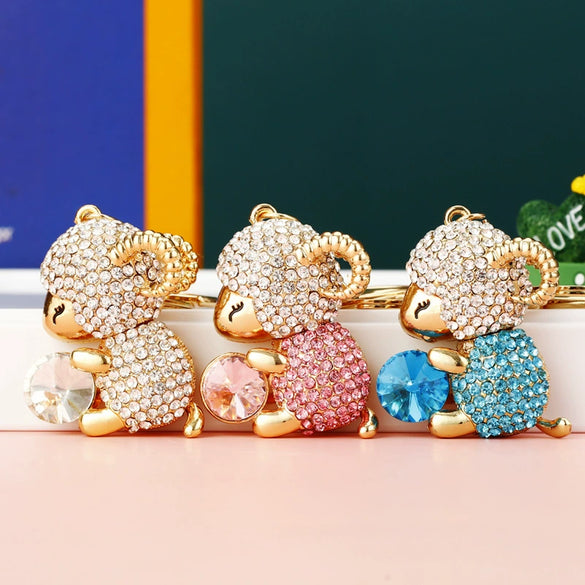 Metal Zodiac Sheep Encrusted Keychain For Women As Creative Gift