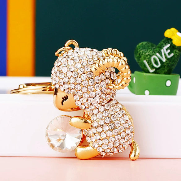 Metal Zodiac Sheep Encrusted Keychain For Women As Creative Gift