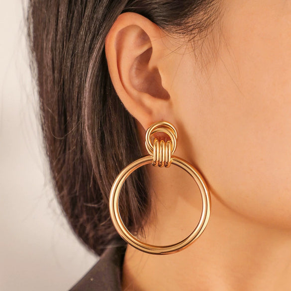 Metallic Geometric Butterfly Tassel Circle Earrings Gold Plated