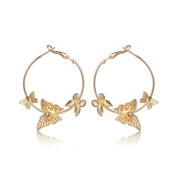 Metallic Geometric Butterfly Tassel Circle Earrings Gold Plated