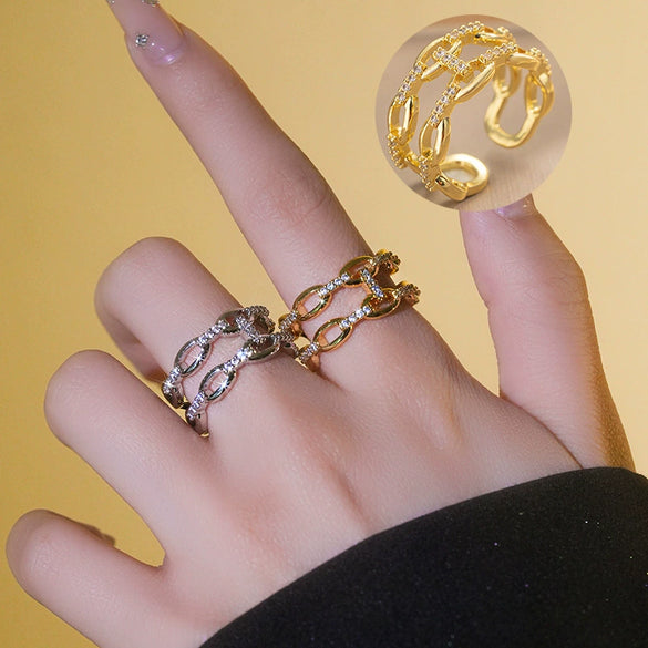 Microinlaid Zircon Doublelayer Chain Opening Adjustable Index Finger Ring For Women Geometric Pattern Copper Ring With Electroplating