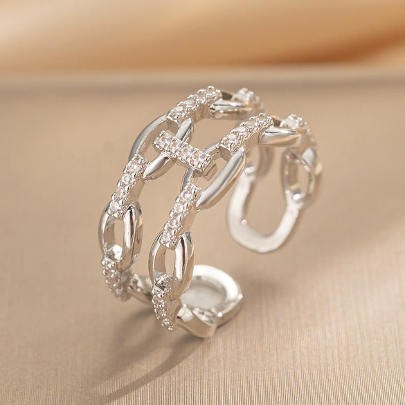 Microinlaid Zircon Doublelayer Chain Opening Adjustable Index Finger Ring For Women Geometric Pattern Copper Ring With Electroplating