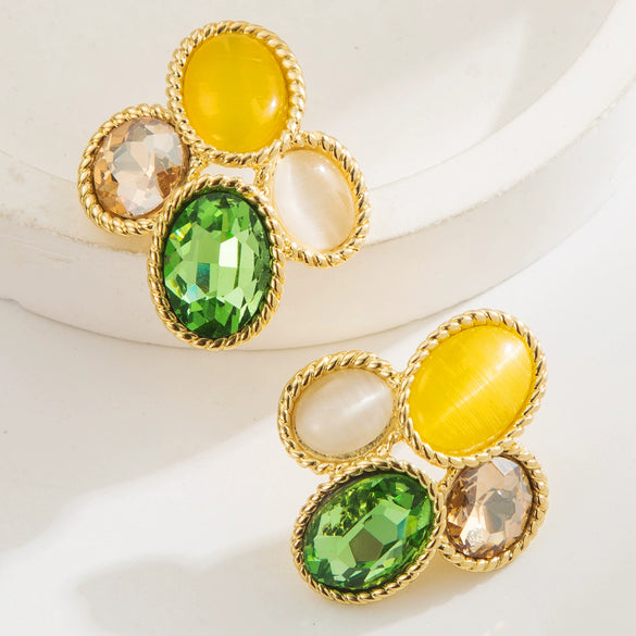 Midcentury Style S925 Silver Needle Earrings With Alloy Resin Rhinestones And Geometric Design Set With Diamonds