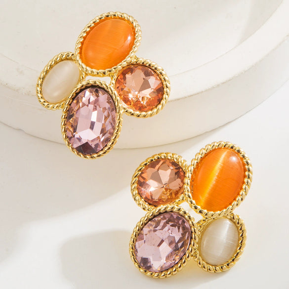 Midcentury Style S925 Silver Needle Earrings With Alloy Resin Rhinestones And Geometric Design Set With Diamonds